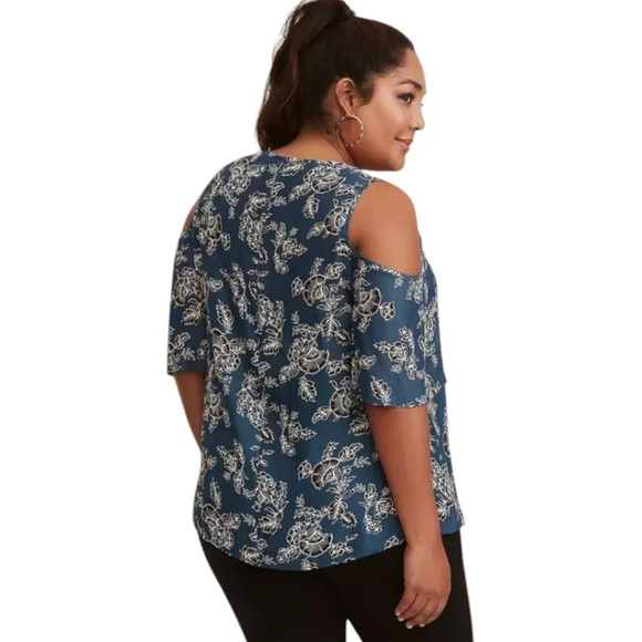 Torrid Teal Floral Print V-Neck Cold Shoulder Crepe Blouse Plus Size 1X - Picture 3 of 3